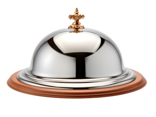 Elegant silver cloche with golden handle on wooden base isolated on transparent background