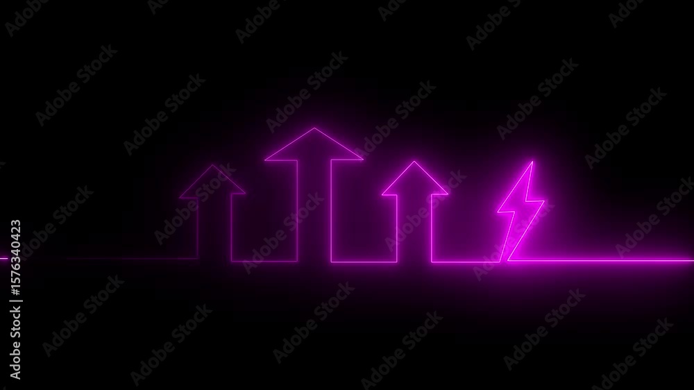 Poster glowing neon line icon and up arrow isolated on transparent black background
