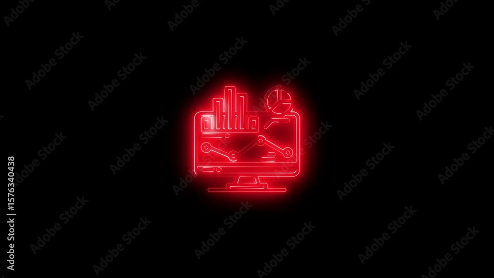 Poster neon icon representing a computer monitor displaying a play button, symbolizing online video streami