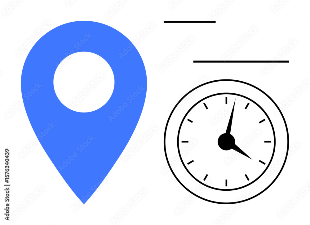 Poster blue location pin next to an analog clock with lines suggesting motion. ideal for navigation, time t