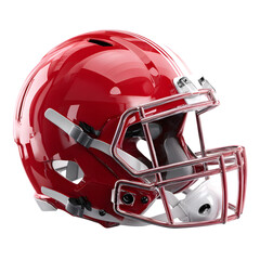 Fototapeta premium Crimson Football Helmet: A vibrant crimson football helmet, complete with a sturdy facemask and sleek white stripe, stands ready for game day.