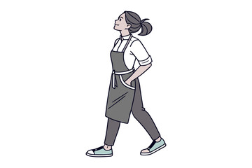Woman in Apron: A stylish woman in an apron walks purposefully, her gaze lifted skyward, possibly looking ahead and towards the future