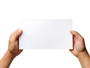 Hands holding blank white rectangular card isolated on transparent background