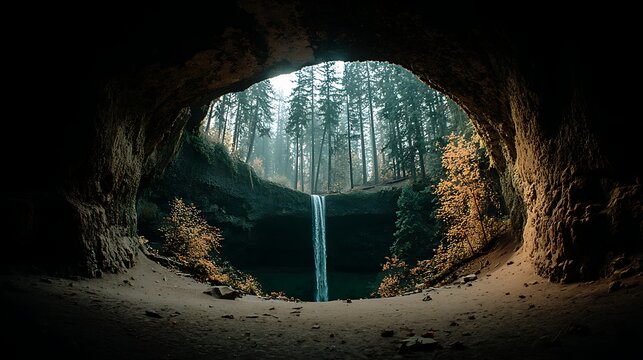 Waterfall View From Cave Entrance with Forest
