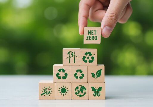 Hand placing a wooden block with net zero text on a pyramid of eco friendly symbols against a blurred green background