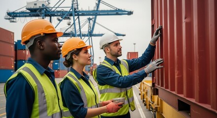 Team of diverse dockworkers inspecting cargo containers at a busy shipping port terminal working efficiently in a logistic industry