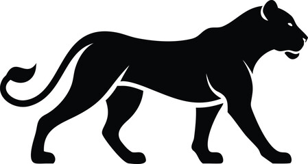 Obraz premium Black Silhouette of a Lioness Walking Side Profile Elegant Strong Powerful Wild Cat Animal Graphic Design