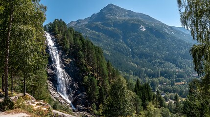 Waterfall in Norway with Mountain and Trees