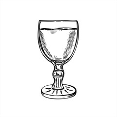 Monochrome vector illustration of small stemmed glass with drink for water, wine, vodka, liqueur or limoncello. Wineglass for bar menu, alcohol branding, upscale packaging, cocktail event graphics