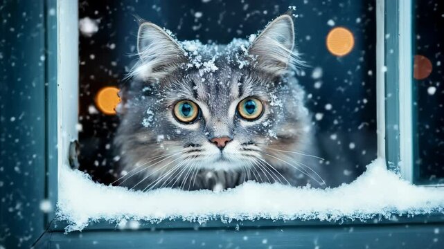 Beautiful gray cat sits in snow, its wide eyes showing alertness and curiosity amid a peaceful winter scene.
