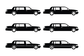 Limousine Collection: A set of six sleek limousine silhouettes, showcasing various lengths and styles, ideal for transportation, luxury, and travel designs. 