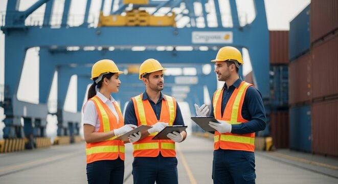 Diverse team in yellow hard hats discussing logistics at a container port with vibrant containers and industrial cranes providing backdrop.