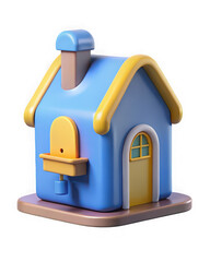 Charming cartoon blue house with yellow accents and chimney on white background