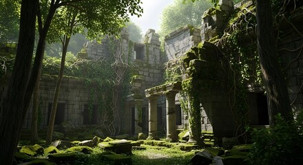 Ancient temple ruins overgrown with lush vegetation in a sunny forest setting, photo
