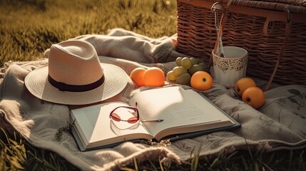 Romantic summer picnic on a green field, blanket, fruits, book, straw hat, warm sunlight 