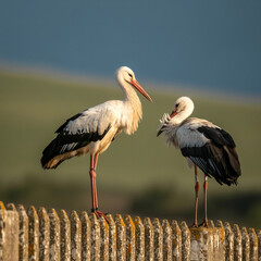 Two white storks standing on a weathered fence bird