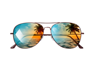 Stylish aviator sunglasses reflecting tropical beach scene isolated on transparent background