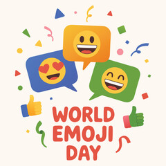 Fun World Emoji Day Graphic with Thumbs Up Icons.