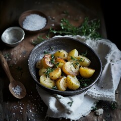 boiled potatoes with thyme and salt, rustic style, selective focus.
