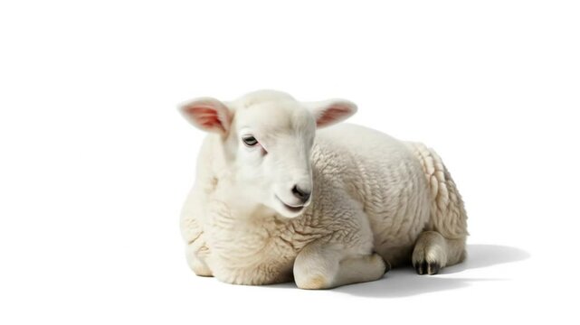 Adorable little white lamb rests calmly isolated on pure white background