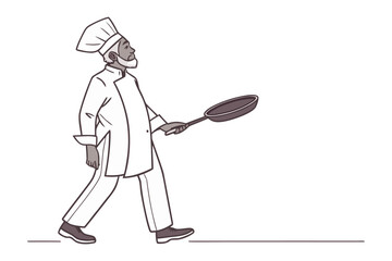 Culinary Journey: An accomplished chef, brandishing a pan with confident stride, embarking on a gastronomic adventure, symbolizing mastery and culinary excellence.