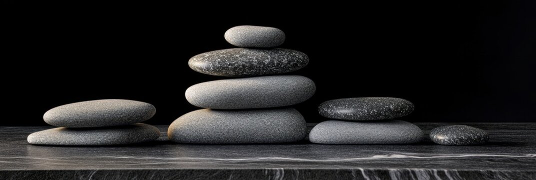 Stacked stones on a dark surface create a balanced zen like arrangement.