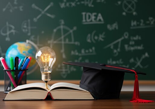 Illuminated light bulb on an open book with graduation cap and globe symbolizing knowledge and academic achievement