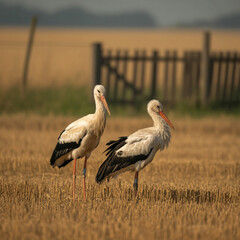 Two white storks standing in a dry field bird wildlife