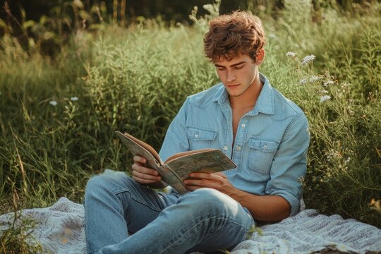 Young man in denim shirt sits in a field, engrossed in reading a book.