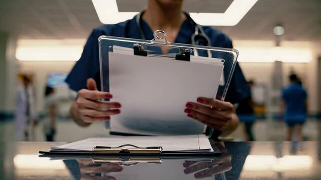 Nurse wearing blue scrubs consults and compares medical records on a clipboard, possibly preparing for patient care or administrative tasks