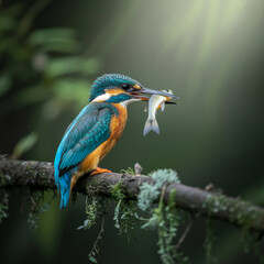 Kingfisher perched on mossy branch holding small fish