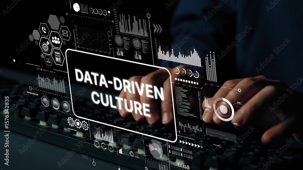 Poster hands typing on keyboard with data-driven culture visualization in dark environment. asymptotic smar