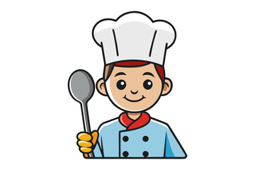 Chef holding a spoon: An illustration of a friendly cartoon chef, dressed in a traditional toque blanche and uniform, holding a spoon. Ideal for culinary projects.