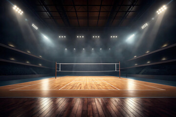 Empty Volleyball Court with Net Hardwood Flooring and Stadium Lighting in a Dark Arena