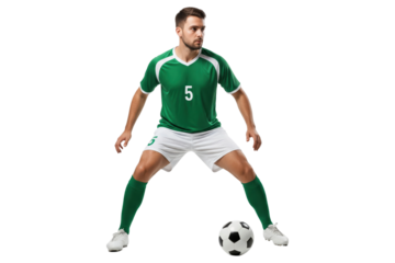Male soccer player in a green and white uniform controlling a football in a ready stance