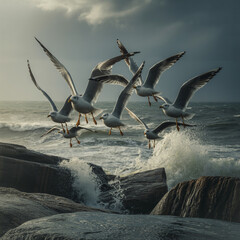 Flock of seagulls flying over choppy ocean waves birds