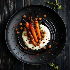 Charred roasted carrots and spiced chickpeas, a swirl of cream cheese on a black, textured plate. The balsamic vinaigrette drips. caramelized carrots and creamy cheese. The dark wooden backdrop.