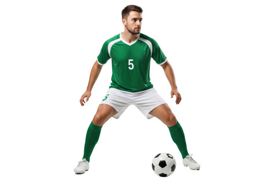 Male soccer player in a green and white uniform controlling a football in a ready stance