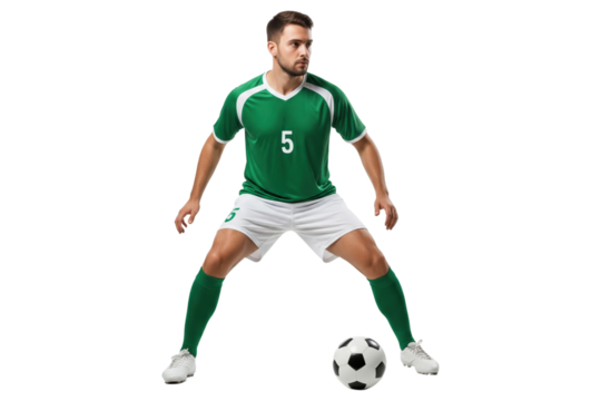 Male soccer player in a green and white uniform controlling a football in a ready stance