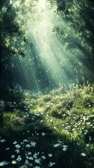 Obraz premium Sun Rays Shining Through Forest with Meadow of Flowers