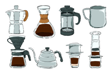 Coffee Maker Doodle Set – French Press, Moka Pot, AeroPress, Espresso Machine