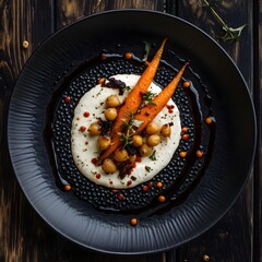 Charred roasted carrots and spiced chickpeas, a swirl of cream cheese on a black, textured plate. The balsamic vinaigrette drips. caramelized carrots and creamy cheese. The dark wooden backdrop.