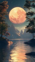 Full Moon Over Mountain Lake at Night with Starry Sky