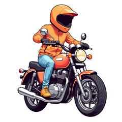 Man riding motorcycle wearing orange helmet and jacket in colorful style, concept of sport, made in bright clean pastel colors, with smooth, clear, ultra-thin black outline  