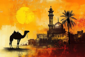 Camel stands near a mosque at sunset