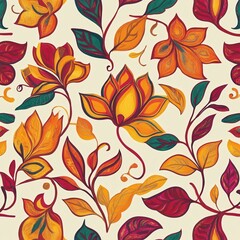 Autumn flowers and leaves create a seamless pattern