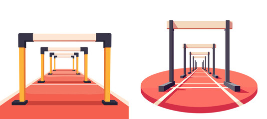 Empty hurdles on red track in minimalist style with pastel colors  