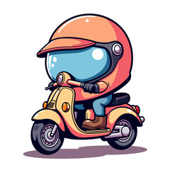 Cartoon character riding a scooter while wearing a helmet, made in bright clean pastel colors, with smooth, clear, ultra-thin black outline  