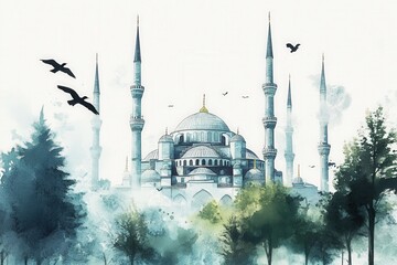 Watercolor painting of the blue mosque in istanbul