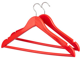  Two Red Plastic Hangers Interlocked, 3D Render, Dynamic Angle.